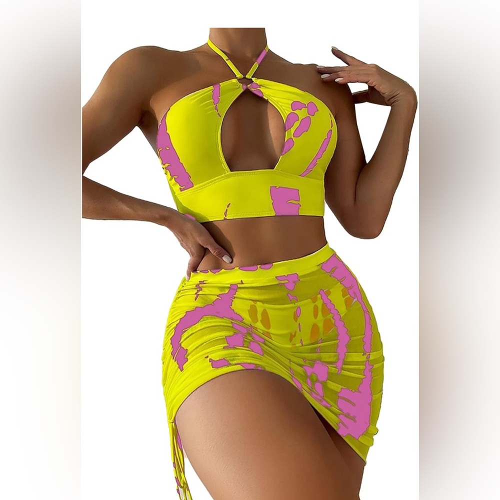 Women Tie Dye 3 Pack Swimsuit, Backless Criss Halter Bikini Swimsuit Set